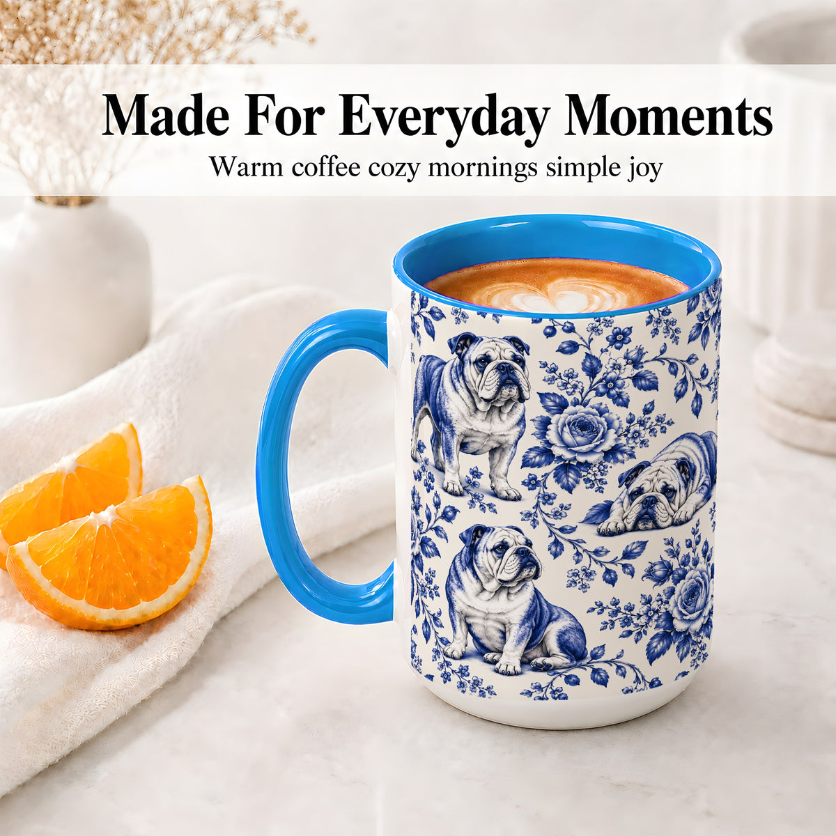 #pl[15oz|Blue] Blue Floral Bulldog Ceramic Mug for Bulldog Lovers