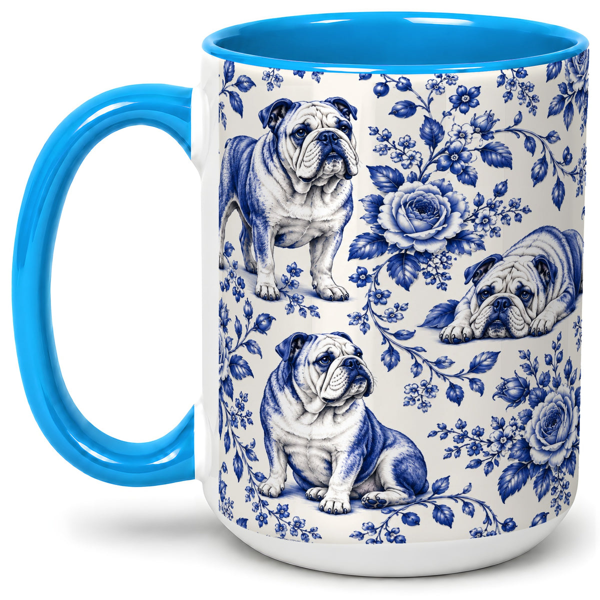 #pl[15oz|Blue] Blue Floral Bulldog Ceramic Mug for Bulldog Lovers