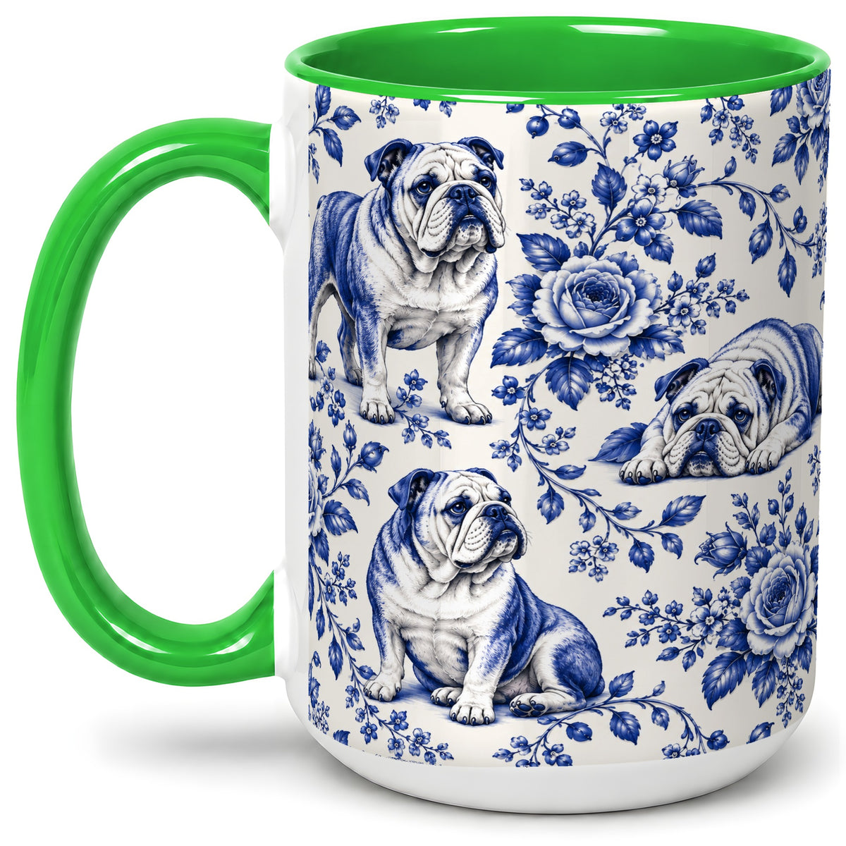 #pl[15oz|Green] Blue Floral Bulldog Ceramic Mug for Bulldog Lovers