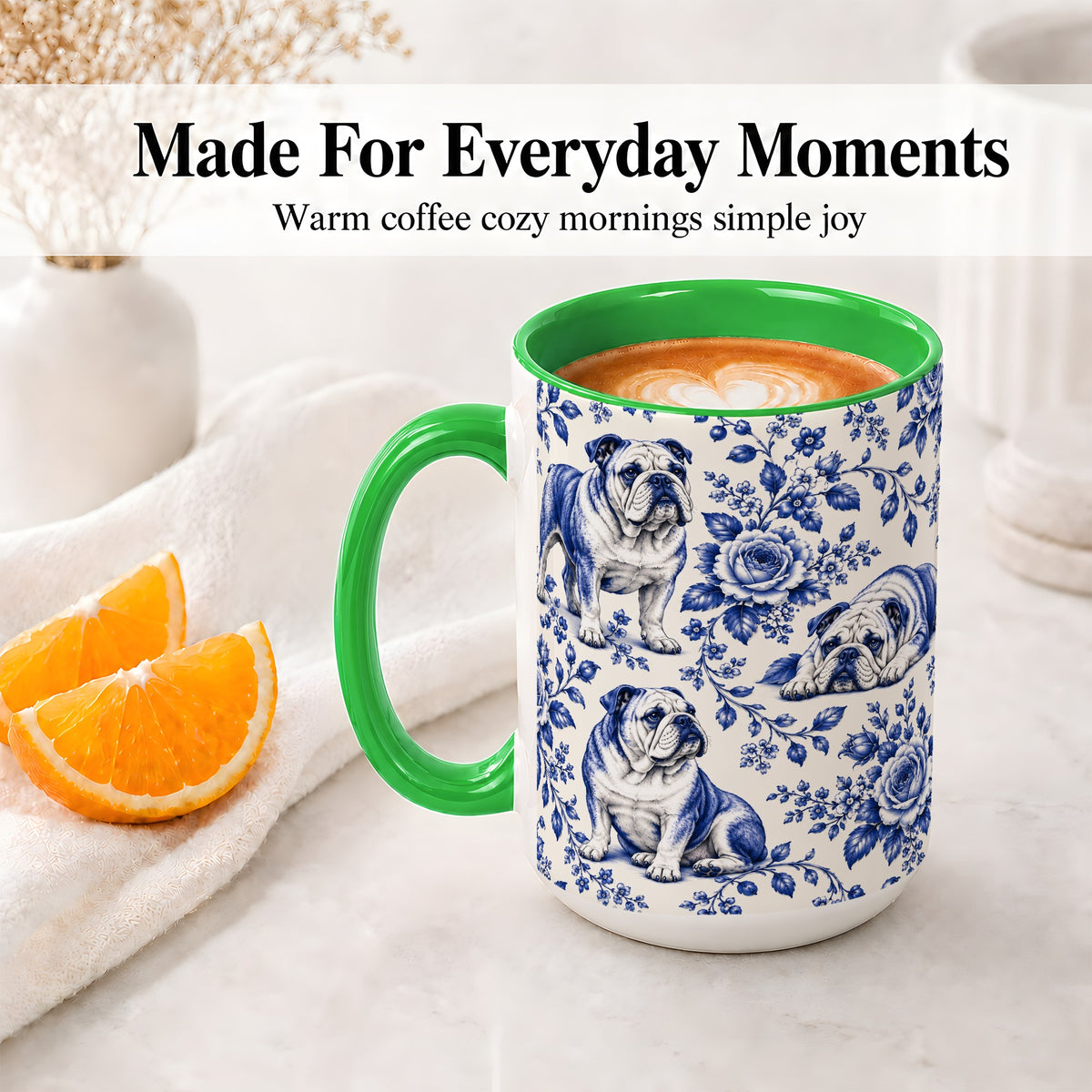 #pl[15oz|Green] Blue Floral Bulldog Ceramic Mug for Bulldog Lovers