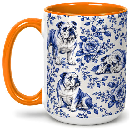 #pl[15oz|Orange] Blue Floral Bulldog Ceramic Mug for Bulldog Lovers