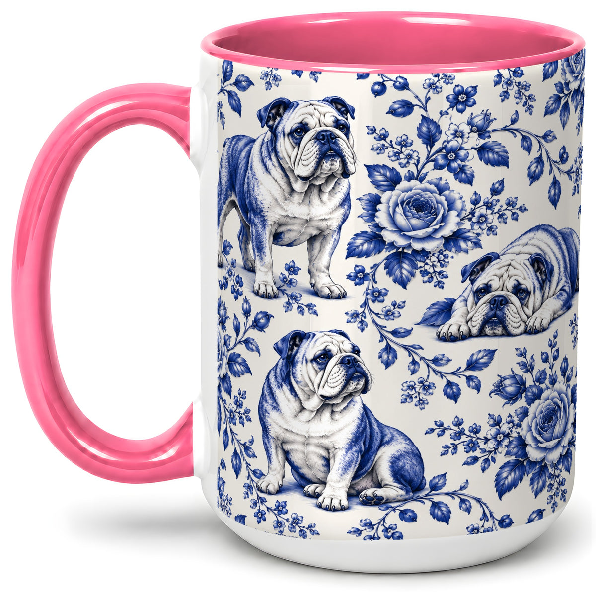 #pl[15oz|Pink] Blue Floral Bulldog Ceramic Mug for Bulldog Lovers