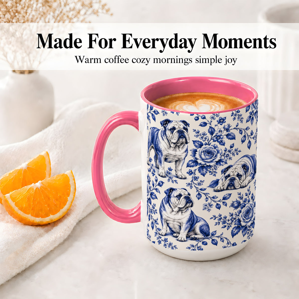 #pl[15oz|Pink] Blue Floral Bulldog Ceramic Mug for Bulldog Lovers
