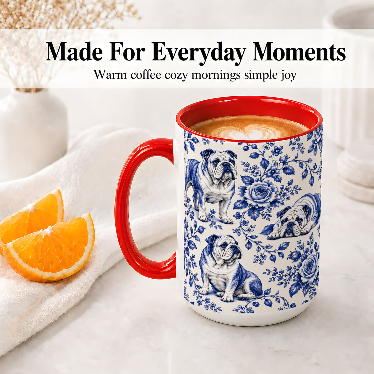 #pl[15oz|Red] Blue Floral Bulldog Ceramic Mug for Bulldog Lovers