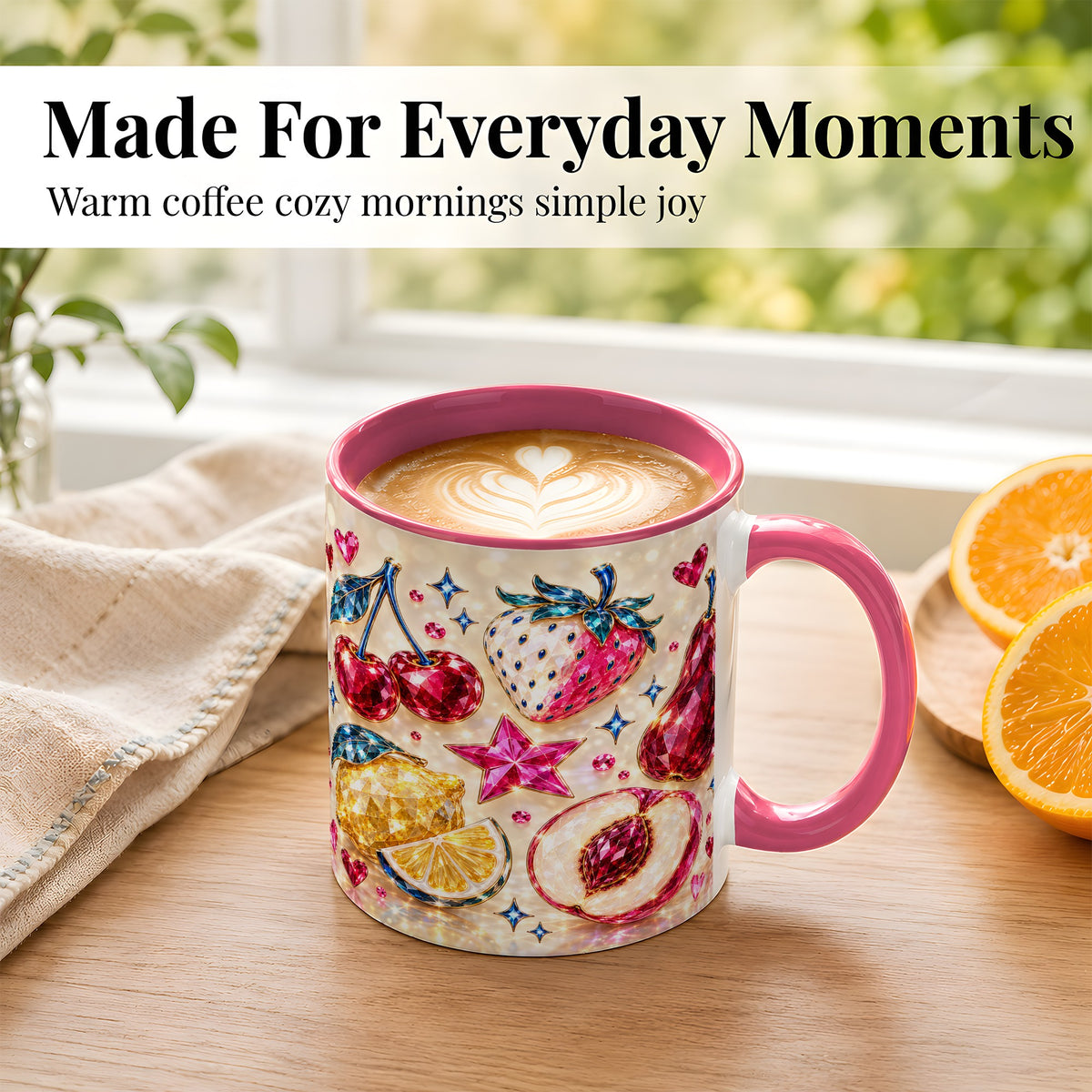 #pl[11oz|Pink] Crystal Fruit Coffee Mug, Gemstone Cherry Strawberry Mug, Ceramic Cup