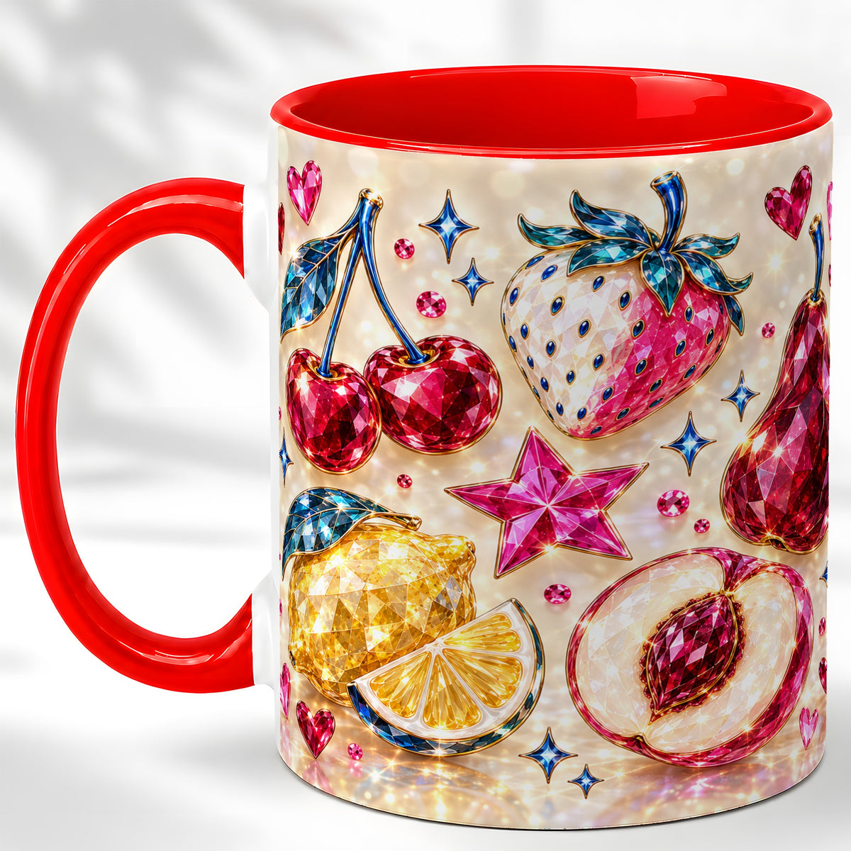 Crystal Fruit Coffee Mug, Gemstone Cherry Strawberry Mug, Ceramic Cup