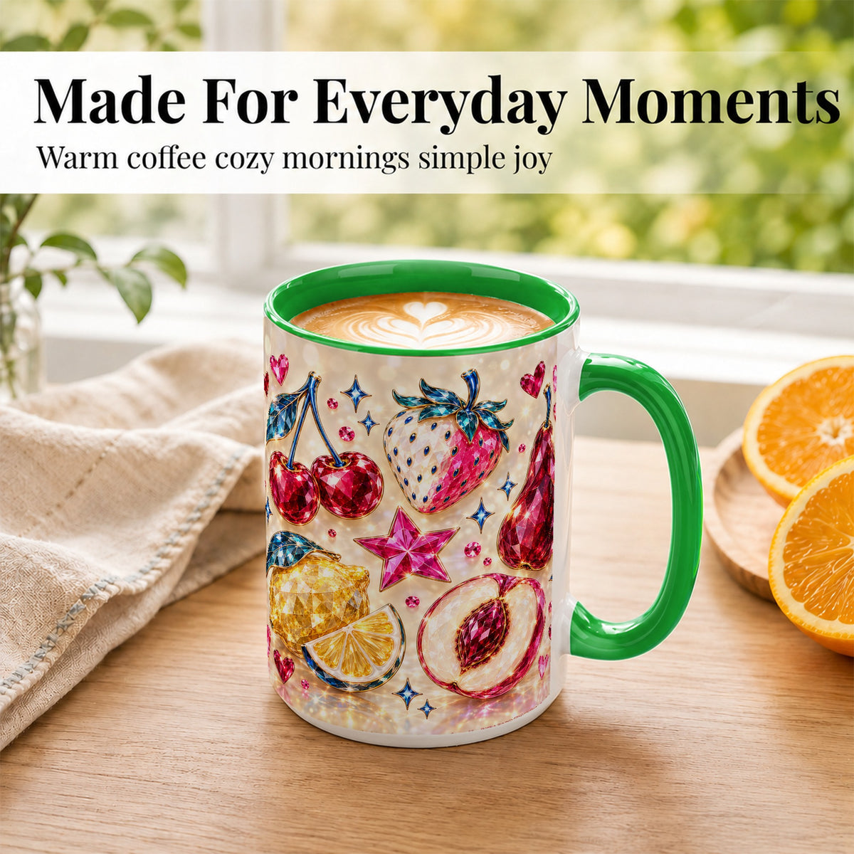 #pl[15oz|Green] Crystal Fruit Coffee Mug, Gemstone Cherry Strawberry Mug, Ceramic Cup