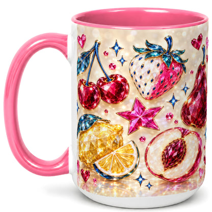 #pl[15oz|Pink] Crystal Fruit Coffee Mug, Gemstone Cherry Strawberry Mug, Ceramic Cup