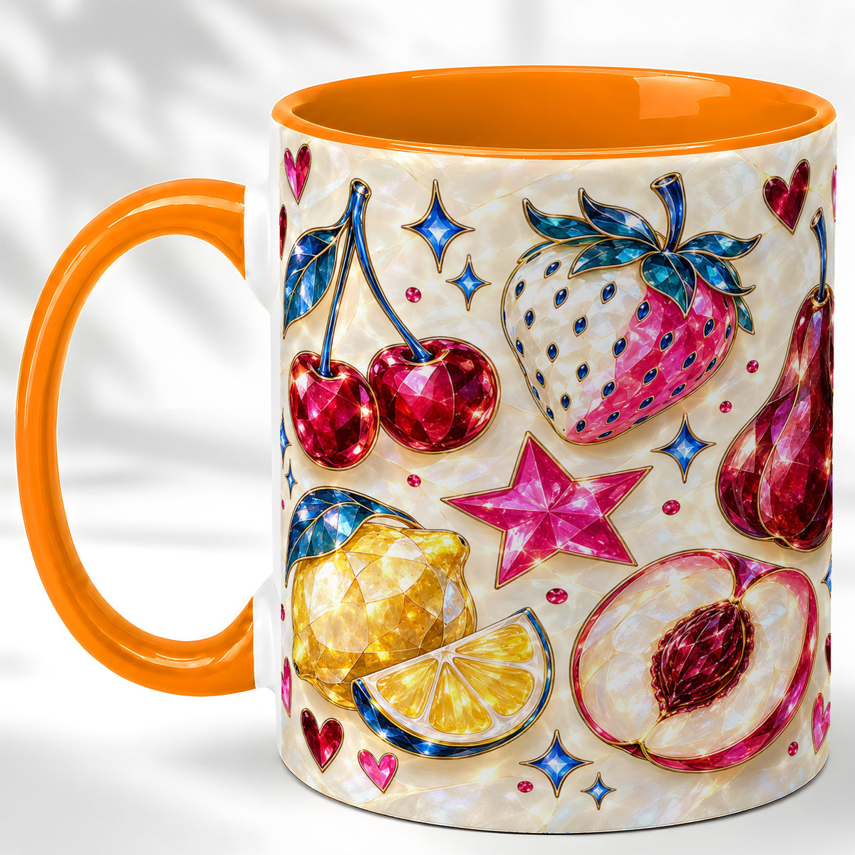 #pl[11oz|Orange] Jeweled Fruit Coffee Mug, Crystal Cherry Strawberry Mug, Ceramic Cup
