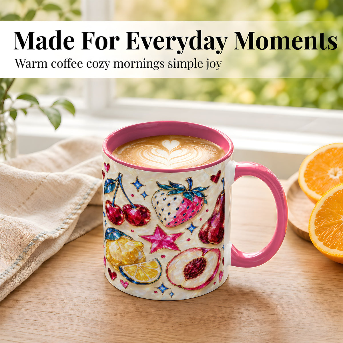 #pl[11oz|Pink] Jeweled Fruit Coffee Mug, Crystal Cherry Strawberry Mug, Ceramic Cup