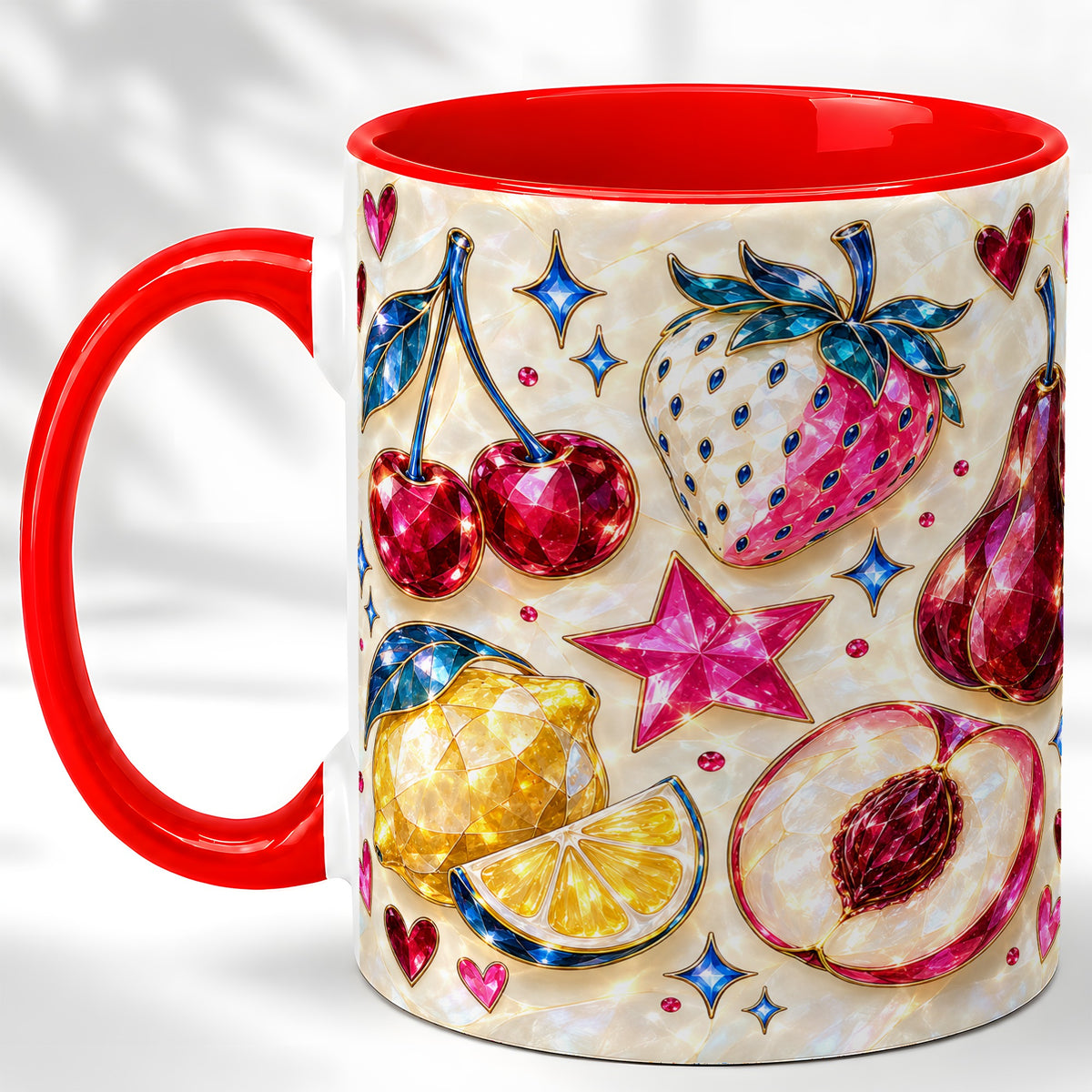 Jeweled Fruit Coffee Mug, Crystal Cherry Strawberry Mug, Ceramic Cup