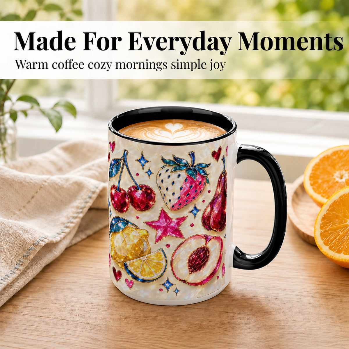 #pl[15oz|Black] Jeweled Fruit Coffee Mug, Crystal Cherry Strawberry Mug, Ceramic Cup