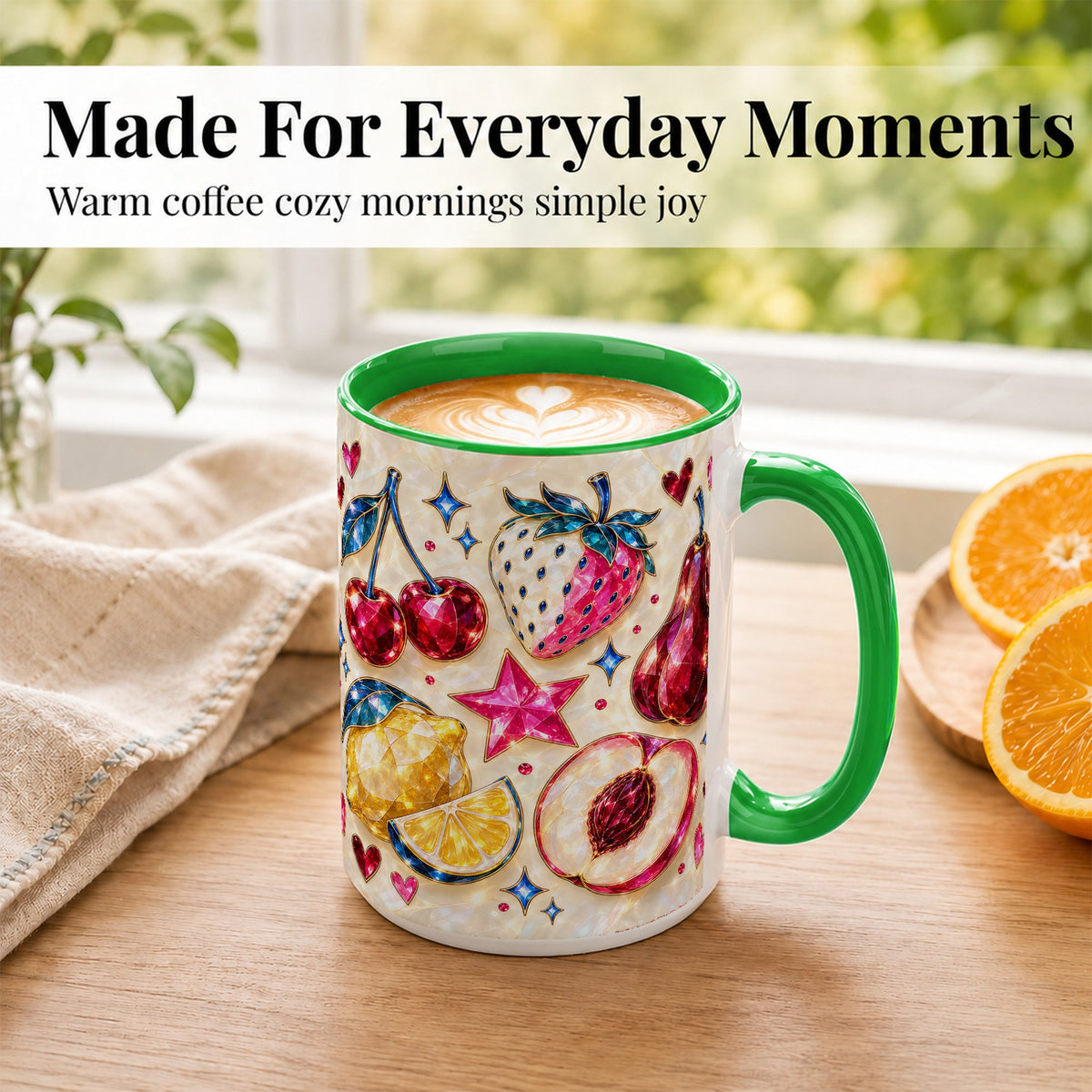 #pl[15oz|Green] Jeweled Fruit Coffee Mug, Crystal Cherry Strawberry Mug, Ceramic Cup