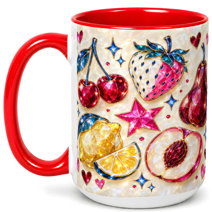 #pl[15oz|Red] Jeweled Fruit Coffee Mug, Crystal Cherry Strawberry Mug, Ceramic Cup