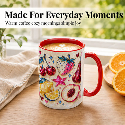 #pl[15oz|Red] Jeweled Fruit Coffee Mug, Crystal Cherry Strawberry Mug, Ceramic Cup