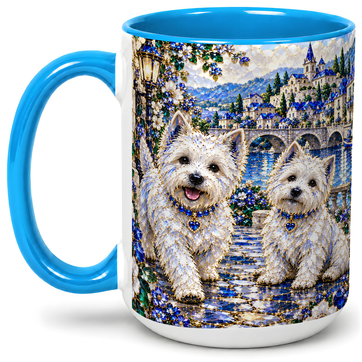 #pl[15oz|Blue] Scenic White Terrier Floral Ceramic Mug for Dog Lovers