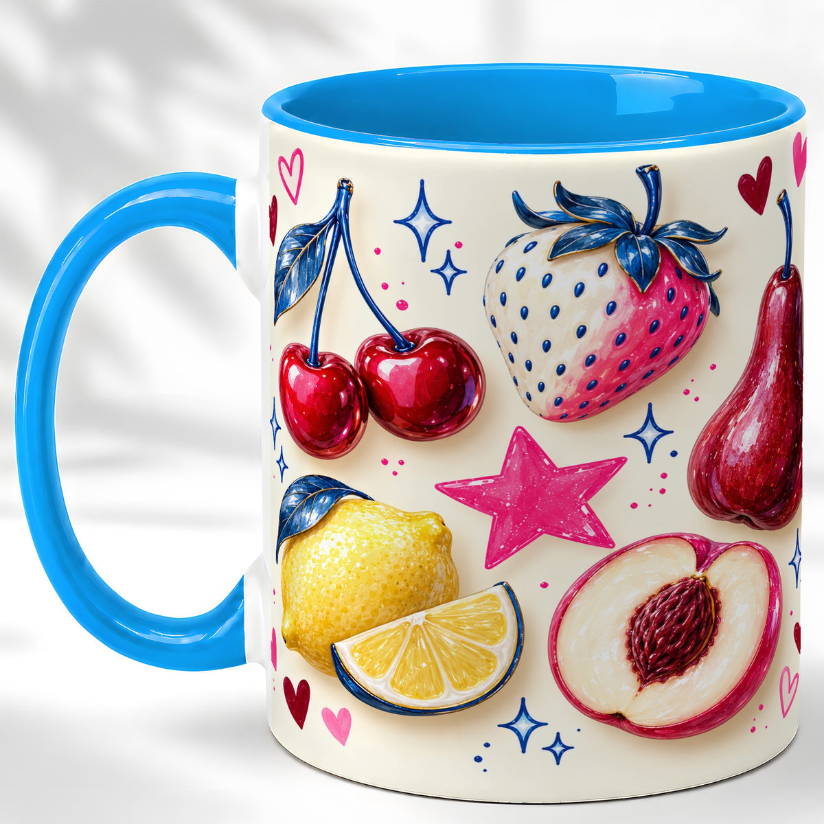 #pl[11oz|Blue] Colorful Fruit Coffee Mug, Whimsical Cherry Mug, Ceramic Cup