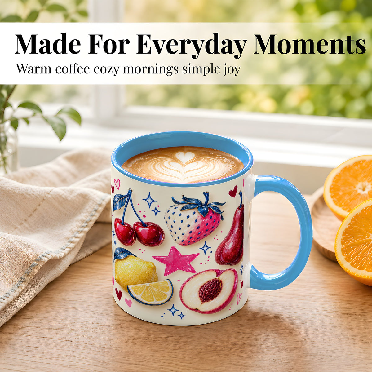 #pl[11oz|Blue] Colorful Fruit Coffee Mug, Whimsical Cherry Mug, Ceramic Cup