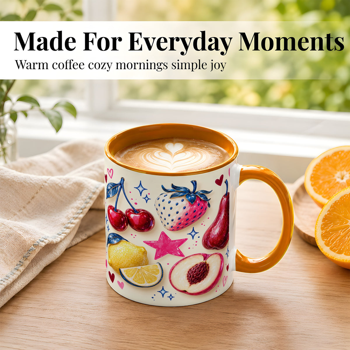 #pl[11oz|Orange] Colorful Fruit Coffee Mug, Whimsical Cherry Mug, Ceramic Cup