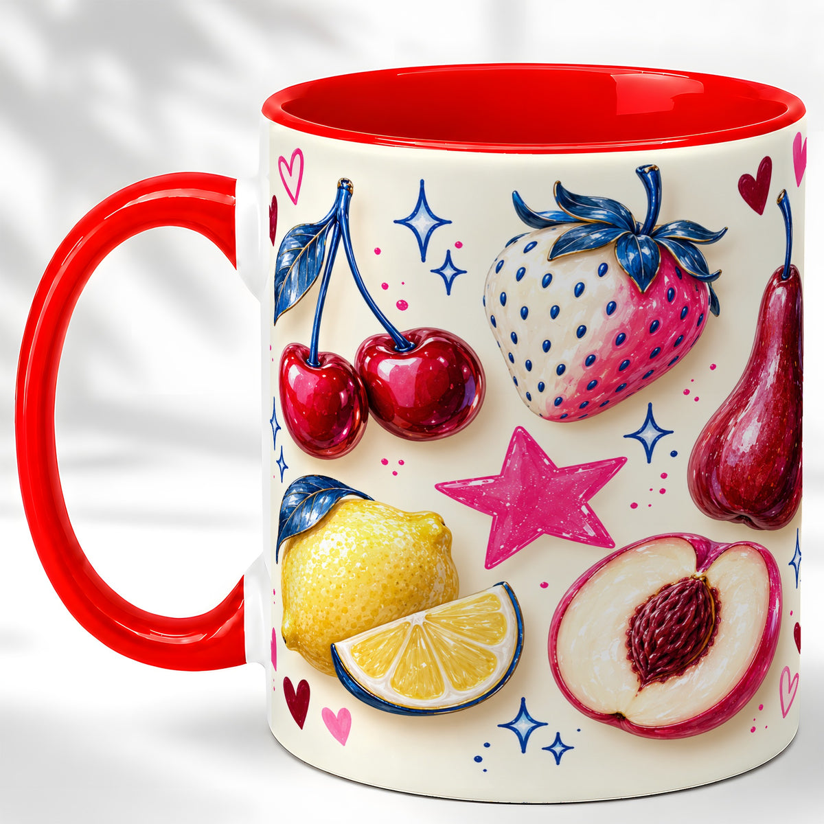 Colorful Fruit Coffee Mug, Whimsical Cherry Mug, Ceramic Cup
