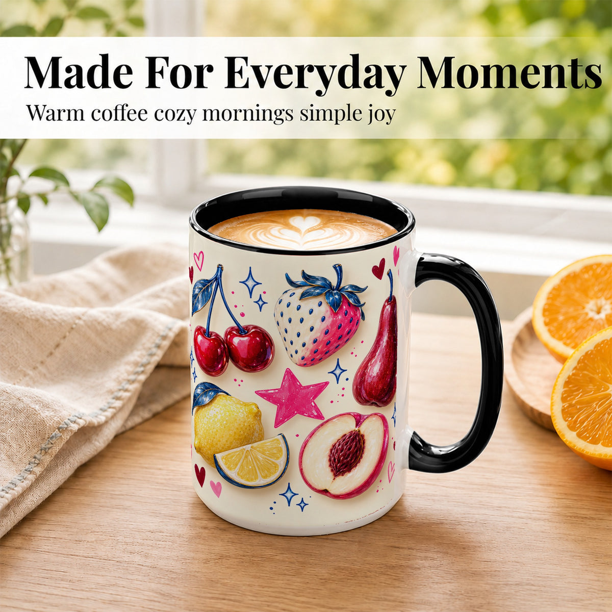 #pl[15oz|Black] Colorful Fruit Coffee Mug, Whimsical Cherry Mug, Ceramic Cup