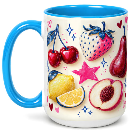#pl[15oz|Blue] Colorful Fruit Coffee Mug, Whimsical Cherry Mug, Ceramic Cup