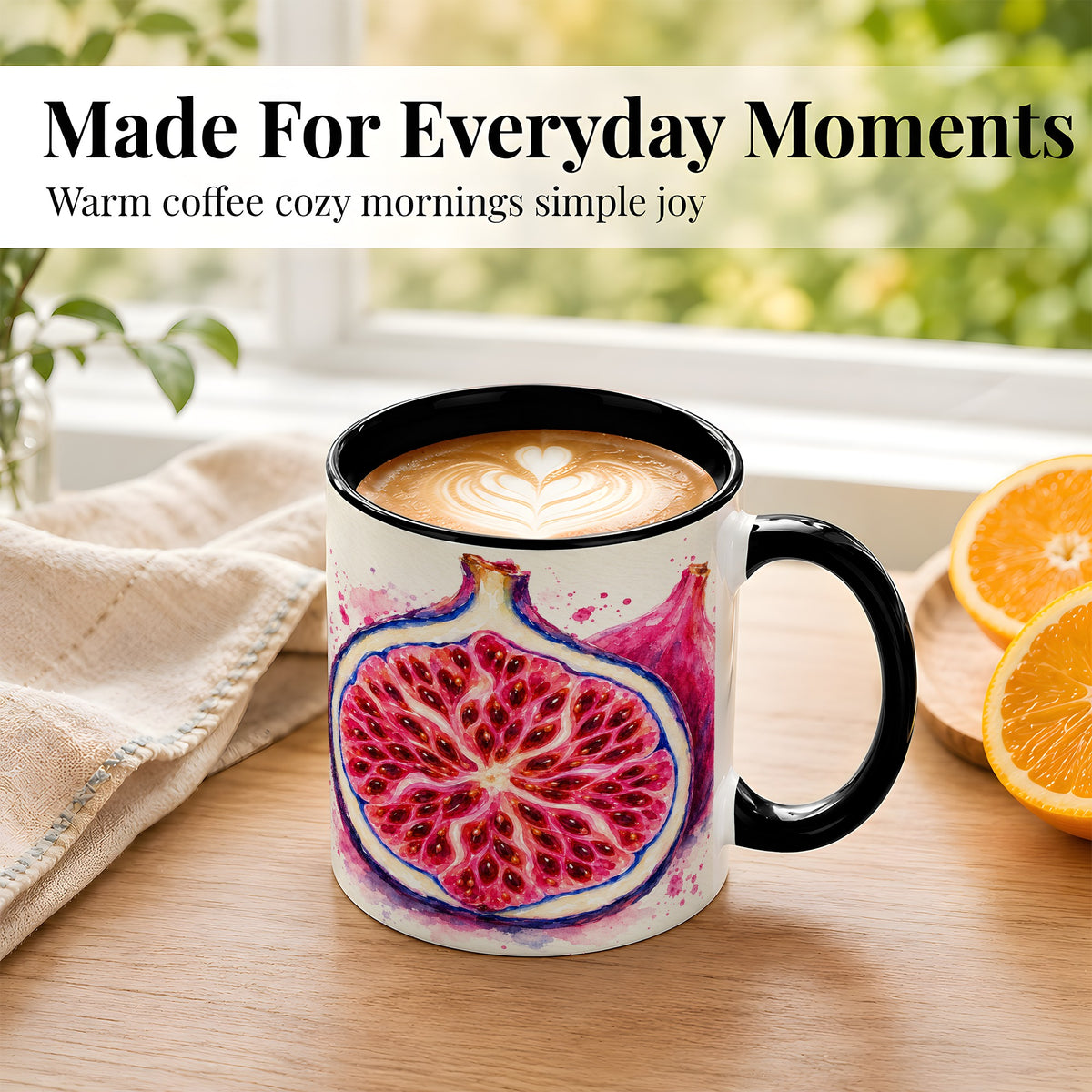 #pl[11oz|Black] Watercolor Fig Coffee Mug, Pink Botanical Mug, Ceramic Cup