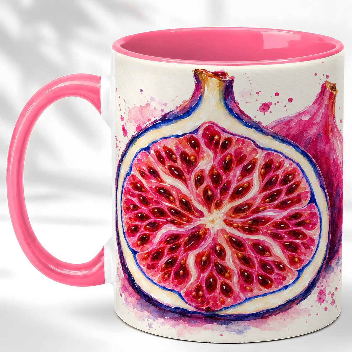 #pl[11oz|Pink] Watercolor Fig Coffee Mug, Pink Botanical Mug, Ceramic Cup