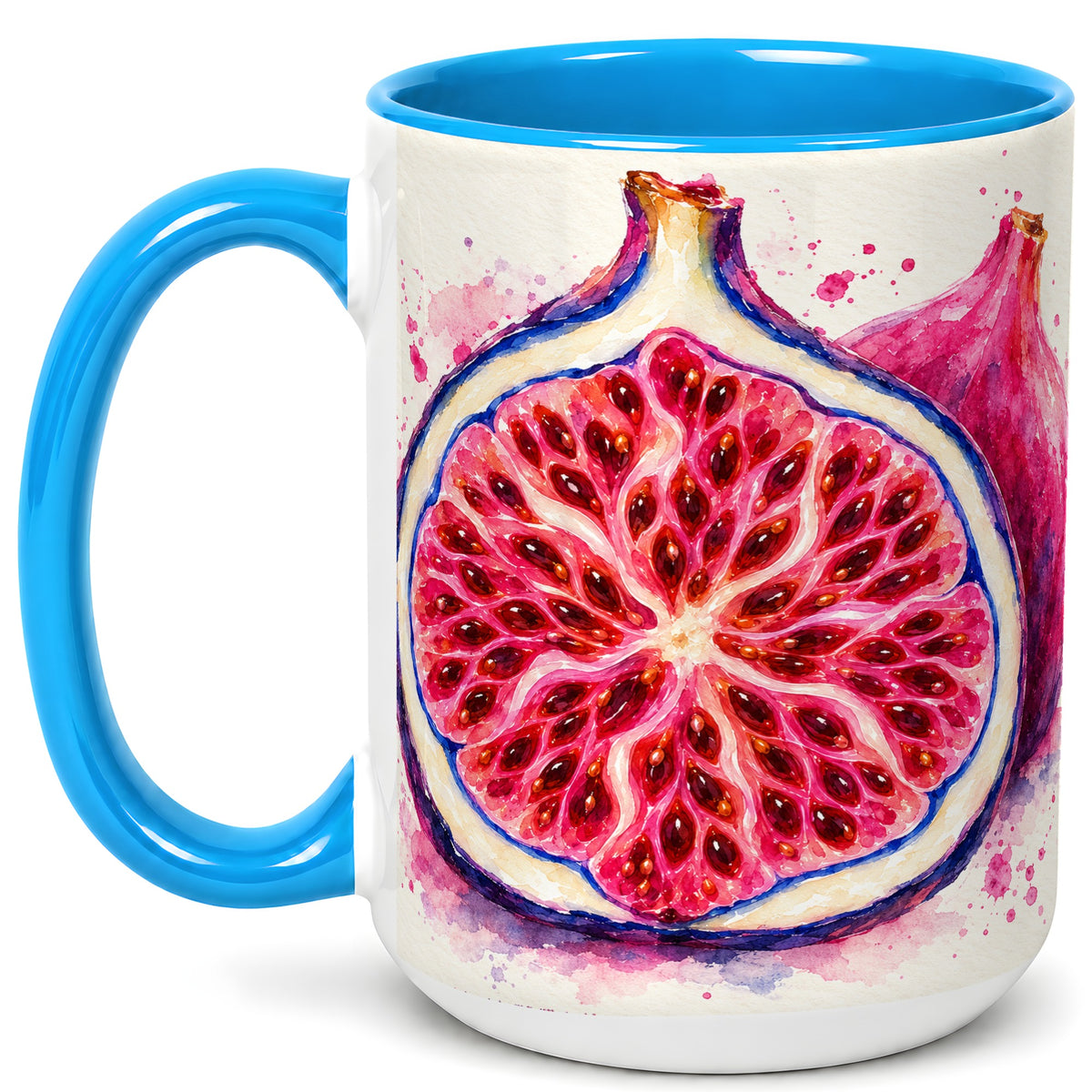 #pl[15oz|Blue] Watercolor Fig Coffee Mug, Pink Botanical Mug, Ceramic Cup