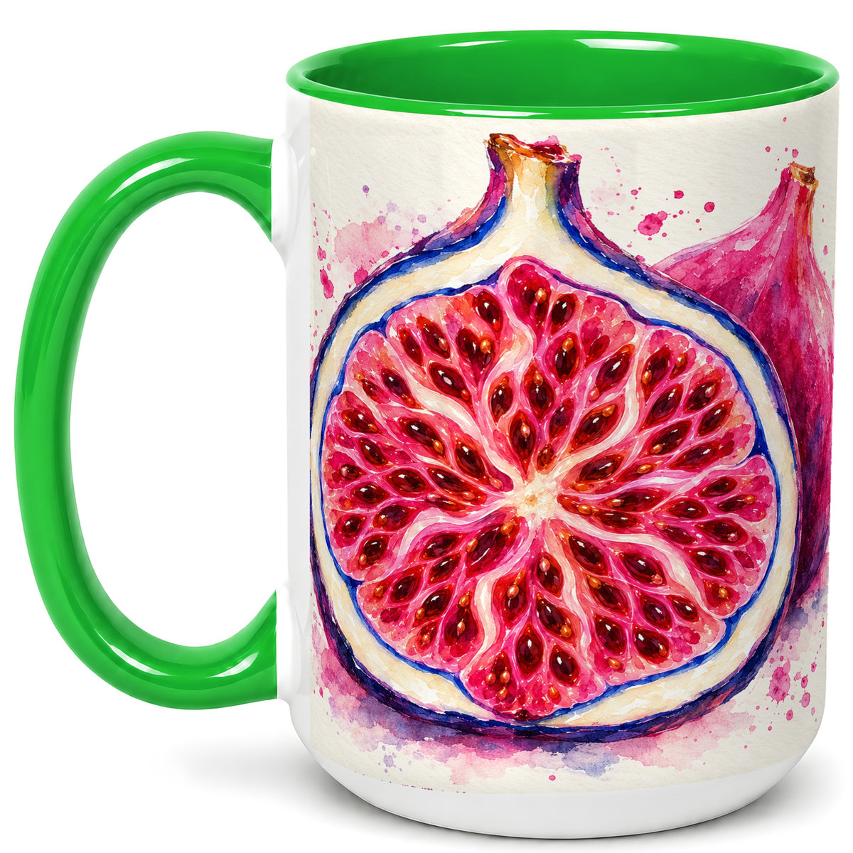 #pl[15oz|Green] Watercolor Fig Coffee Mug, Pink Botanical Mug, Ceramic Cup
