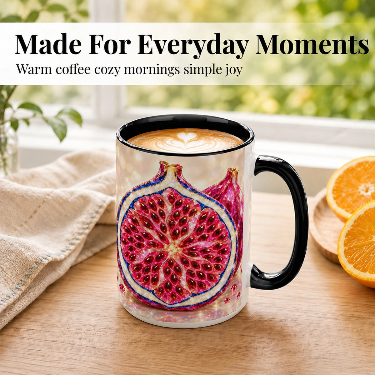 #pl[15oz|Black] Gemstone Fig Coffee Mug, Sparkling Pink Fruit Mug, Ceramic Cup