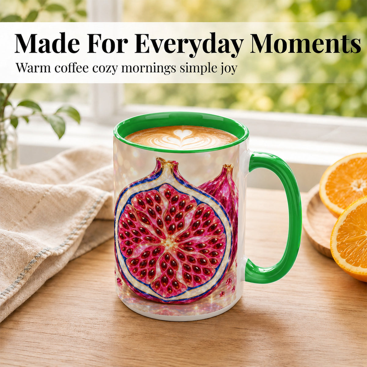 #pl[15oz|Green] Gemstone Fig Coffee Mug, Sparkling Pink Fruit Mug, Ceramic Cup
