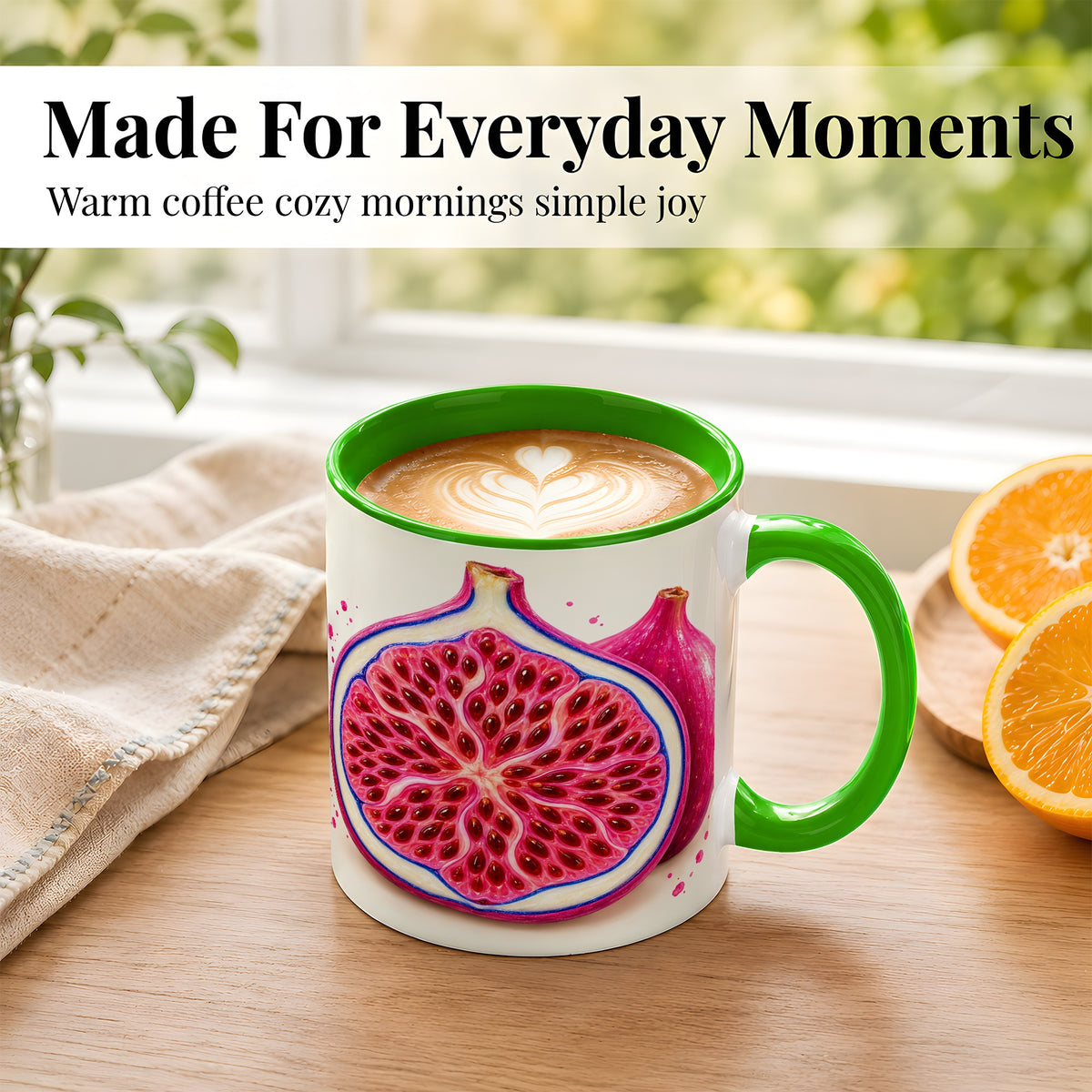 #pl[11oz|Green] Pink Fig Coffee Mug, Vibrant Botanical Mug, Ceramic Cup