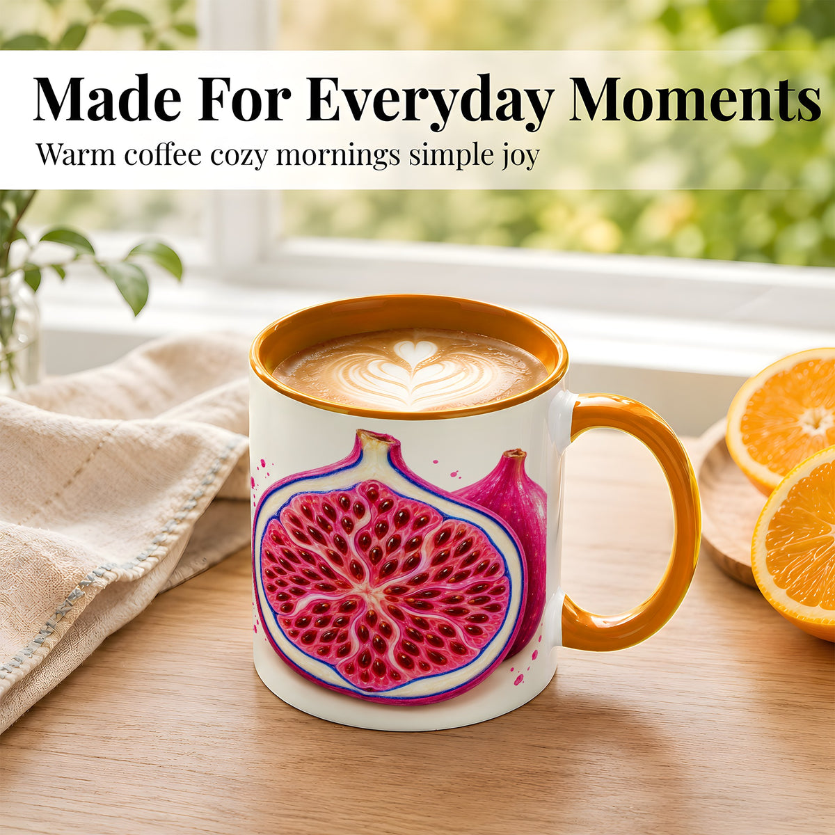 #pl[11oz|Orange] Pink Fig Coffee Mug, Vibrant Botanical Mug, Ceramic Cup