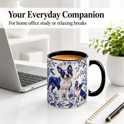 #pl[11oz|Black] Boston Terrier Blue Botanical Art Ceramic Mug for Dog Lovers