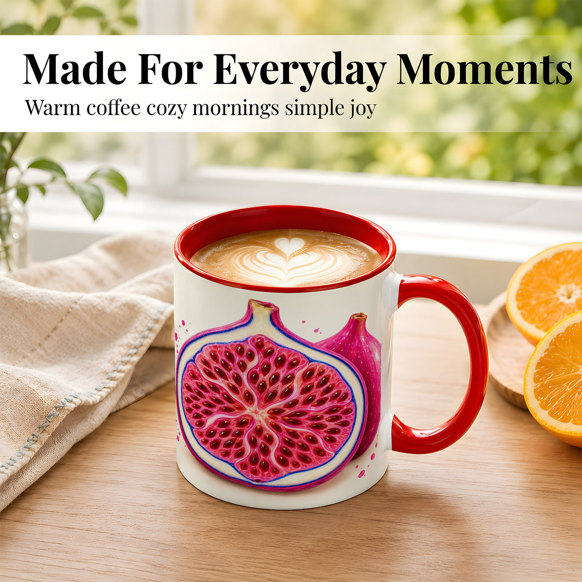 #pl[11oz|Red] Pink Fig Coffee Mug, Vibrant Botanical Mug, Ceramic Cup