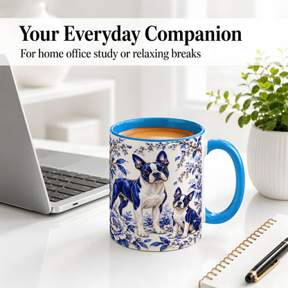 #pl[11oz|Blue] Boston Terrier Blue Botanical Art Ceramic Mug for Dog Lovers