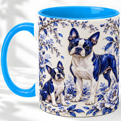 #pl[11oz|Blue] Boston Terrier Blue Botanical Art Ceramic Mug for Dog Lovers