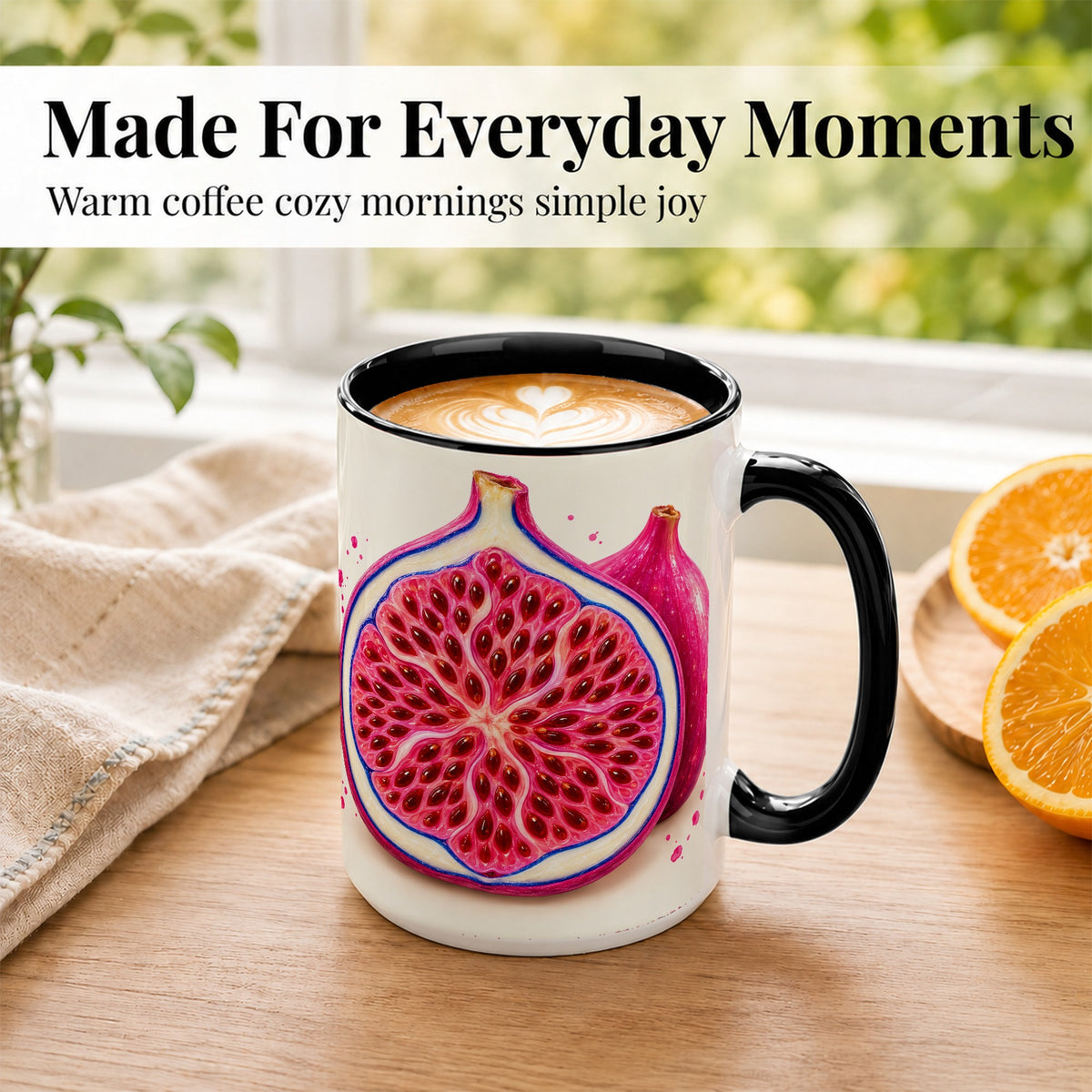 #pl[15oz|Black] Pink Fig Coffee Mug, Vibrant Botanical Mug, Ceramic Cup
