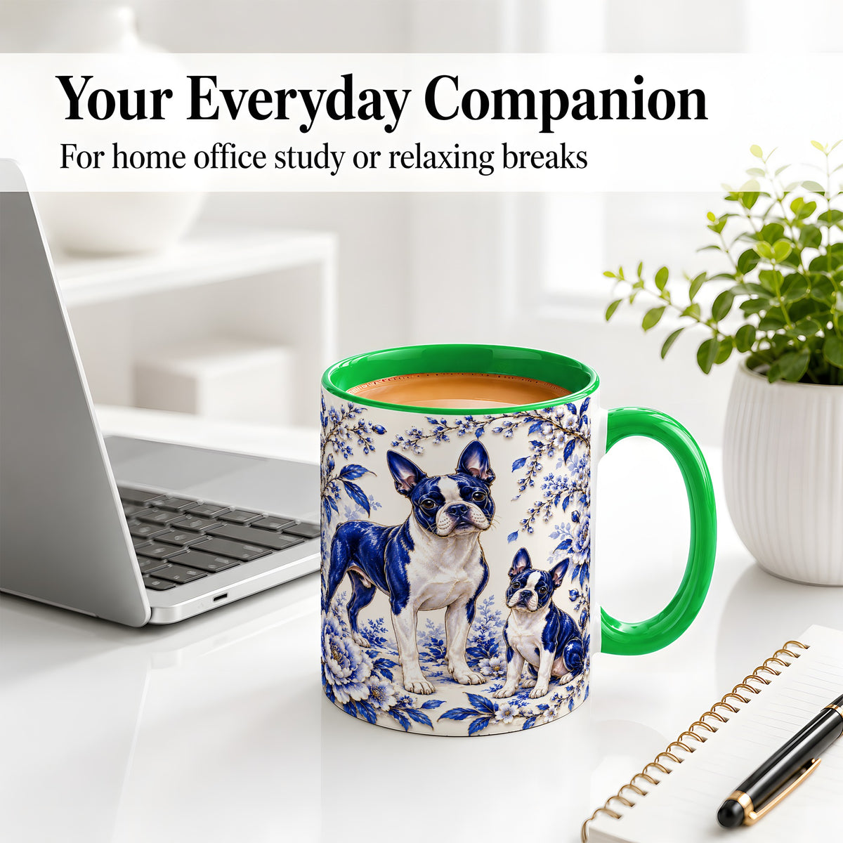 #pl[11oz|Green] Boston Terrier Blue Botanical Art Ceramic Mug for Dog Lovers