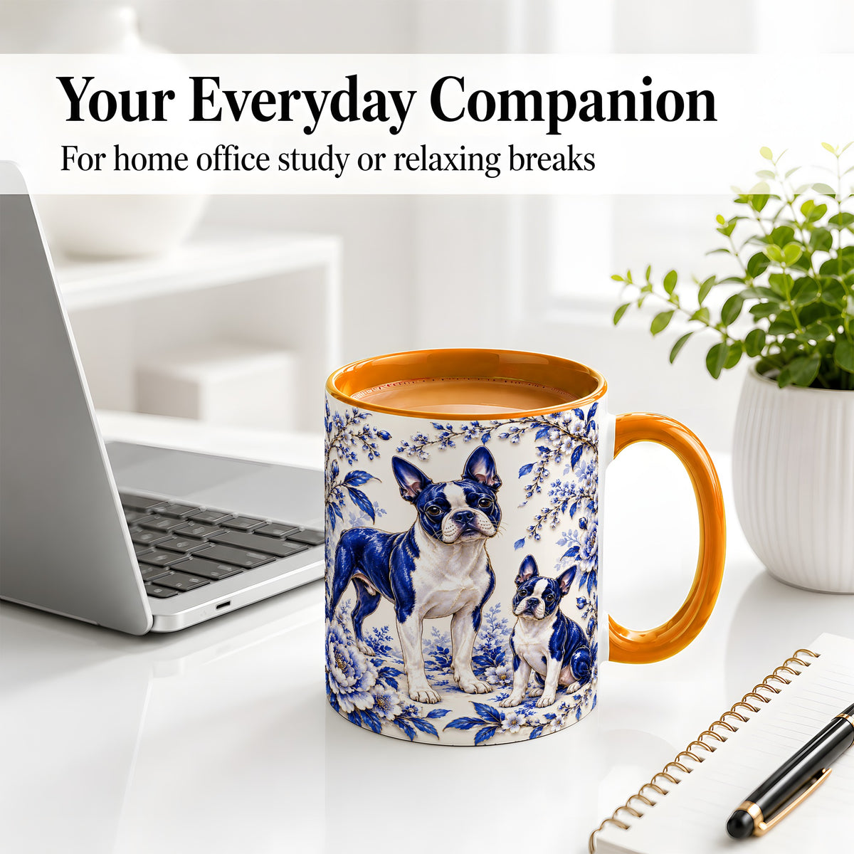 #pl[11oz|Orange] Boston Terrier Blue Botanical Art Ceramic Mug for Dog Lovers