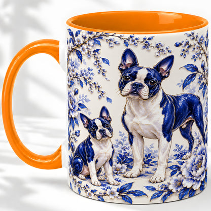 #pl[11oz|Orange] Boston Terrier Blue Botanical Art Ceramic Mug for Dog Lovers