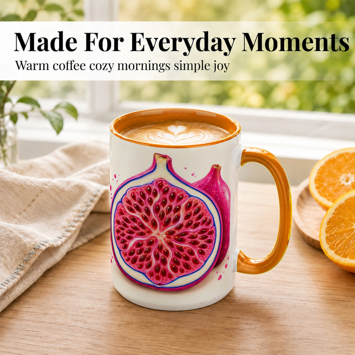 #pl[15oz|Orange] Pink Fig Coffee Mug, Vibrant Botanical Mug, Ceramic Cup