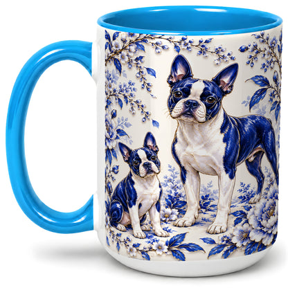 #pl[15oz|Blue] Boston Terrier Blue Botanical Art Ceramic Mug for Dog Lovers