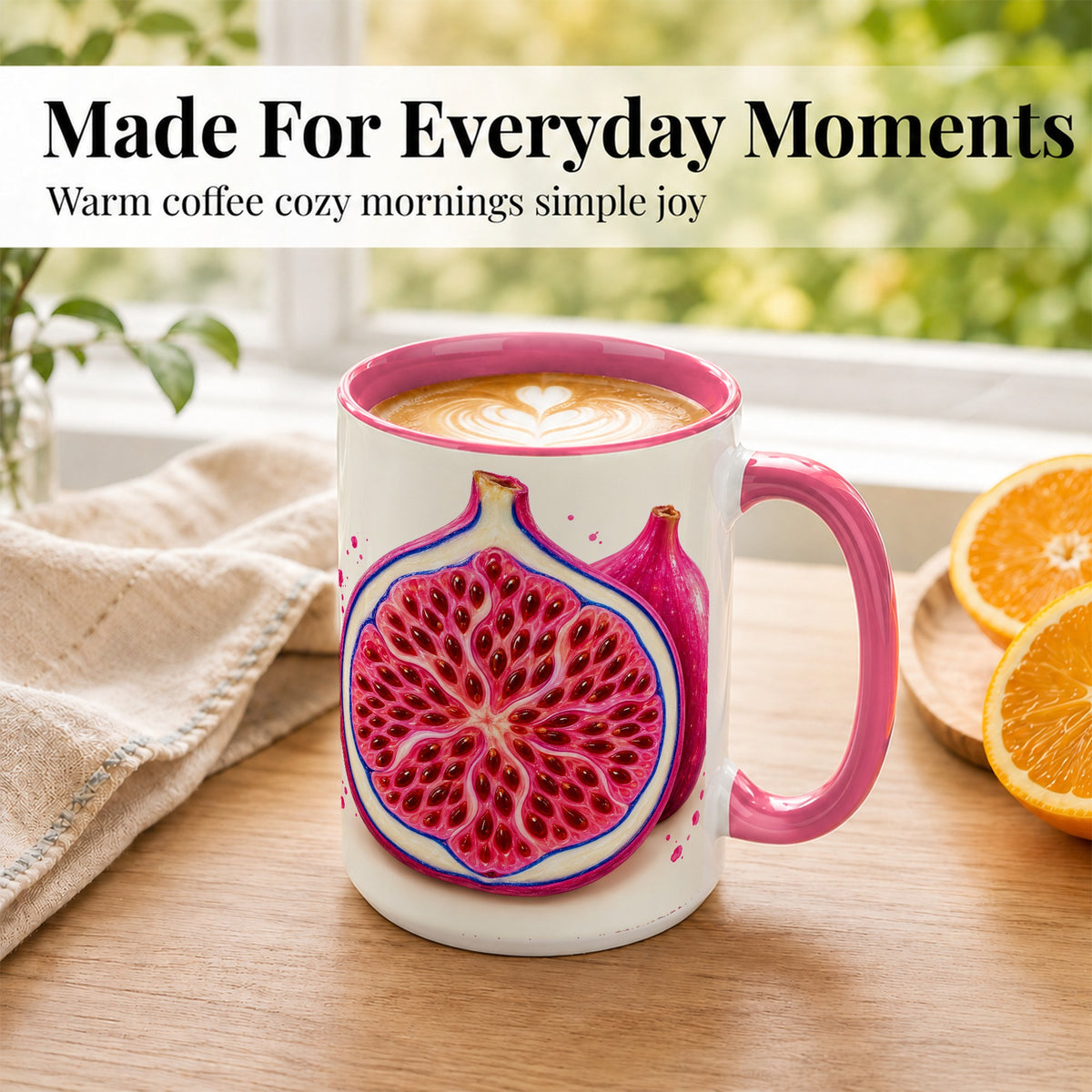 #pl[15oz|Pink] Pink Fig Coffee Mug, Vibrant Botanical Mug, Ceramic Cup