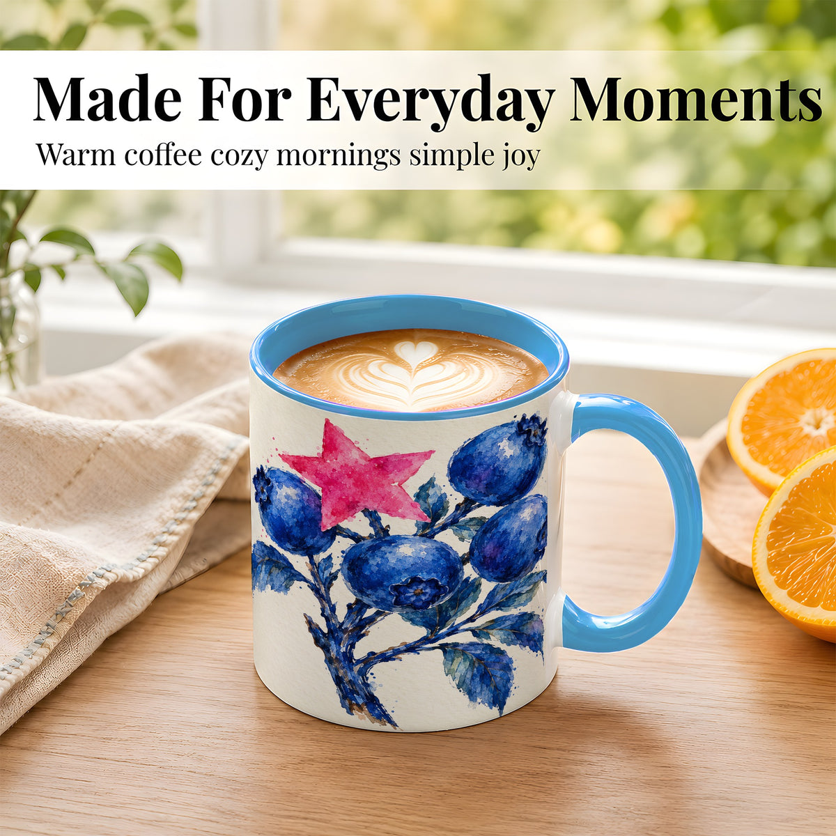 #pl[11oz|Blue] Watercolor Blueberry Coffee Mug, Pink Star Berry Mug, Ceramic Cup