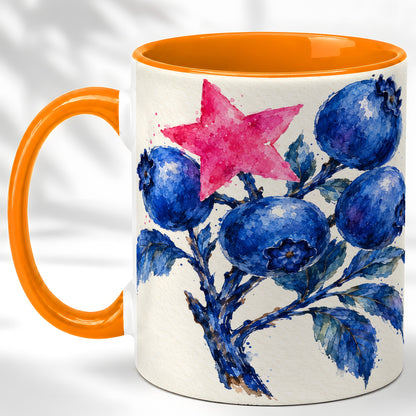 #pl[11oz|Orange] Watercolor Blueberry Coffee Mug, Pink Star Berry Mug, Ceramic Cup