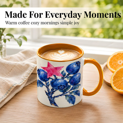 #pl[11oz|Orange] Watercolor Blueberry Coffee Mug, Pink Star Berry Mug, Ceramic Cup