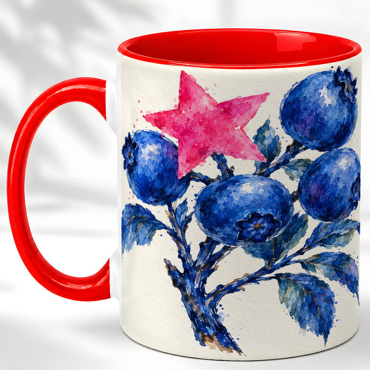 Watercolor Blueberry Coffee Mug, Pink Star Berry Mug, Ceramic Cup