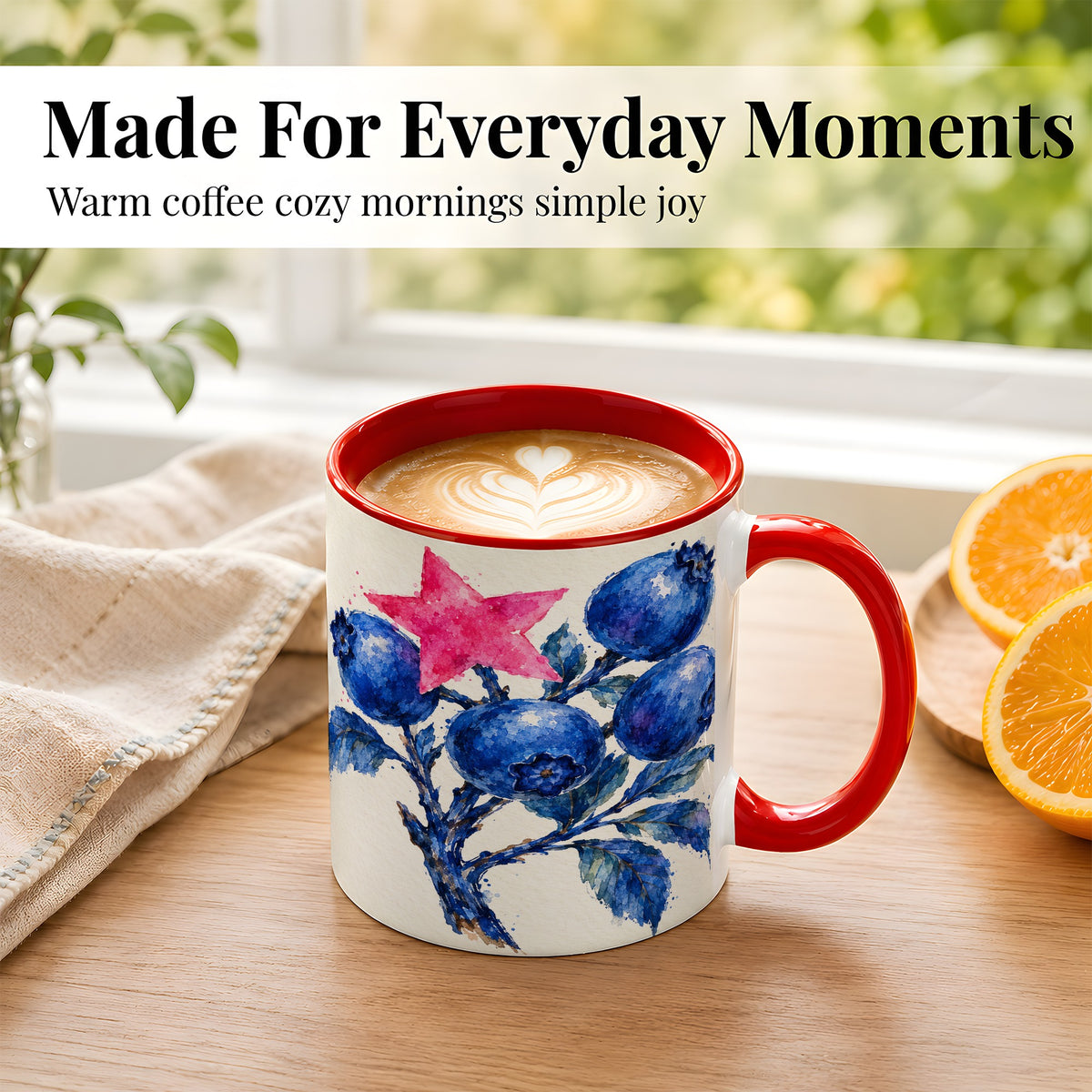 #pl[11oz|Red] Watercolor Blueberry Coffee Mug, Pink Star Berry Mug, Ceramic Cup